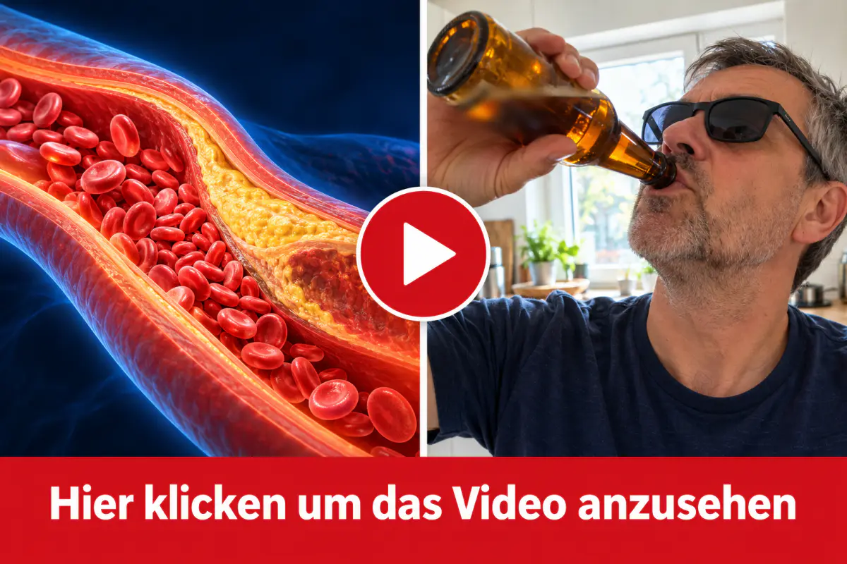 Links eine Darstellung einer Arterie mit Ablagerungen und roten Blutkörperchen, rechts trinkt ein Mann mit Sonnenbrille aus einer Bierflasche; in der Mitte ein Abspielsymbol, darunter der Text: Hier klicken um das Video anzusehen